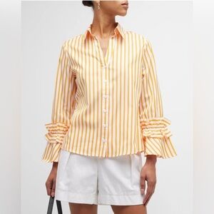 Harshman Selina Cotton Button Front Ruffle-Trim Top Women’s XS Striped Marigold